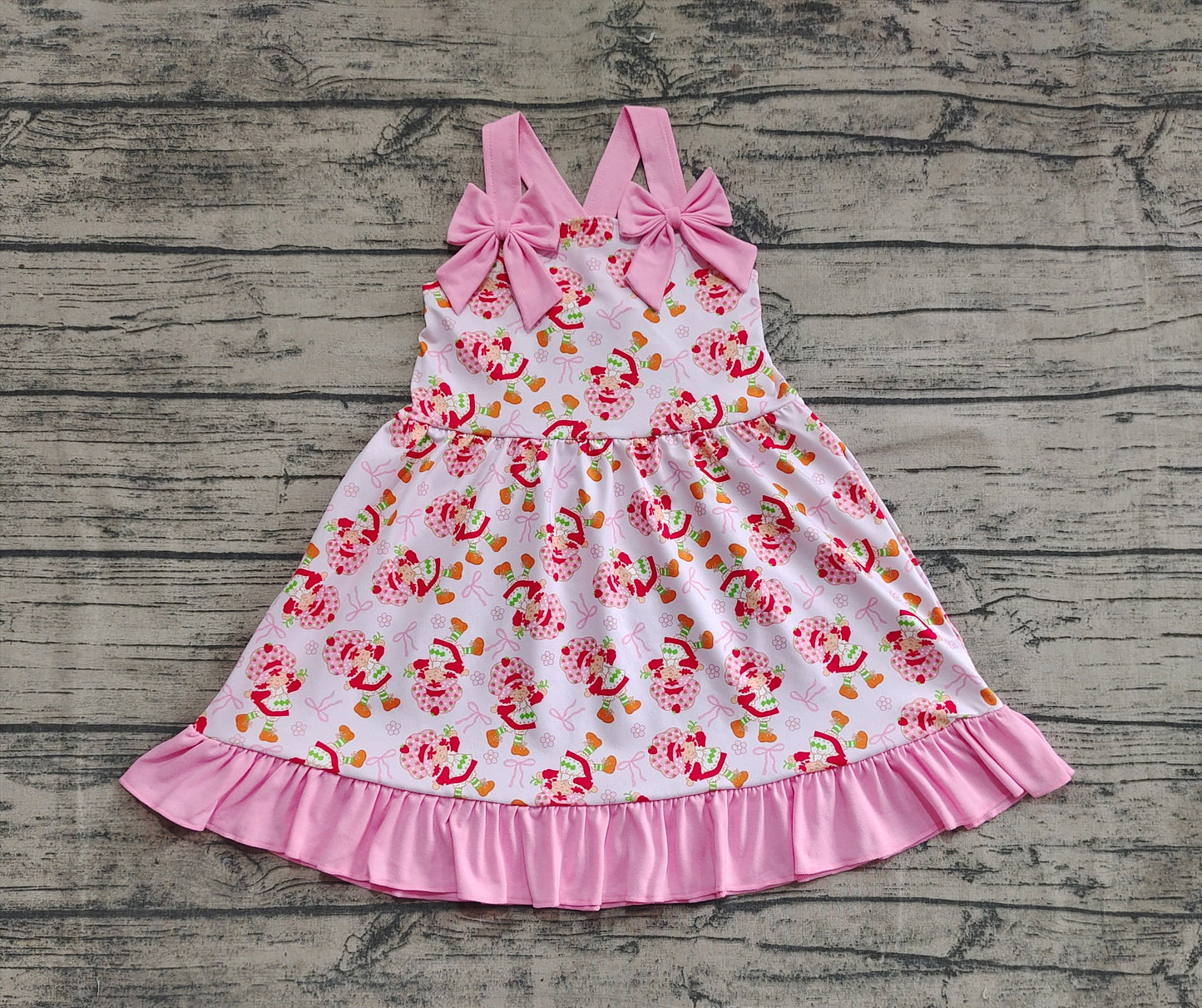 Baby Girls Pink Strap Bows Strawberry Floral Knee Length Dresses