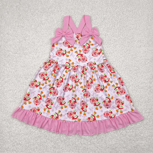 Baby Girls Pink Strap Bows Strawberry Floral Knee Length Dresses