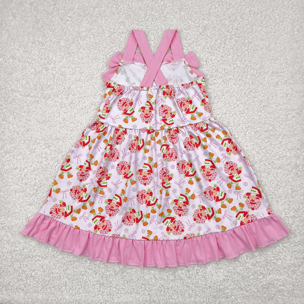 Baby Girls Pink Strap Bows Strawberry Floral Knee Length Dresses