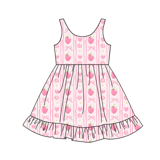Baby Girls Pink Sleeveless Bows Strawberry Stripe Knee Length Dresses Preorder