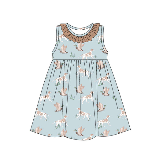 Baby Girls Blue Sleeveless Dogs Ducks Round Collar Knee Length Dresses Preorder
