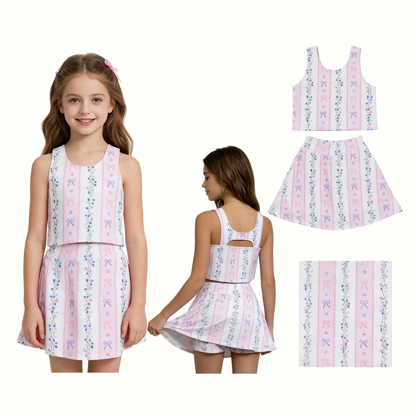 Baby Girls Sleeveless Bows Flowers Stripe Vest Skirt Short Yoga Active Clothes Set