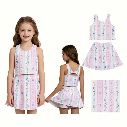 Baby Girls Sleeveless Bows Flowers Stripe Vest Skirt Short Yoga Active Clothes Set