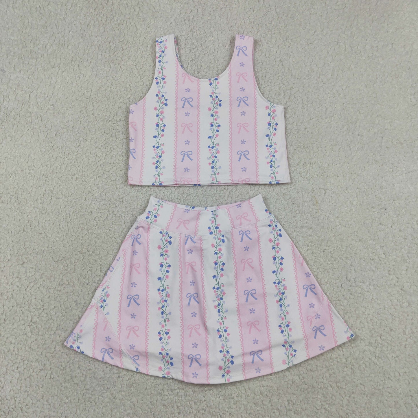 Baby Girls Sleeveless Bows Flowers Stripe Vest Skirt Short Yoga Active Clothes Set