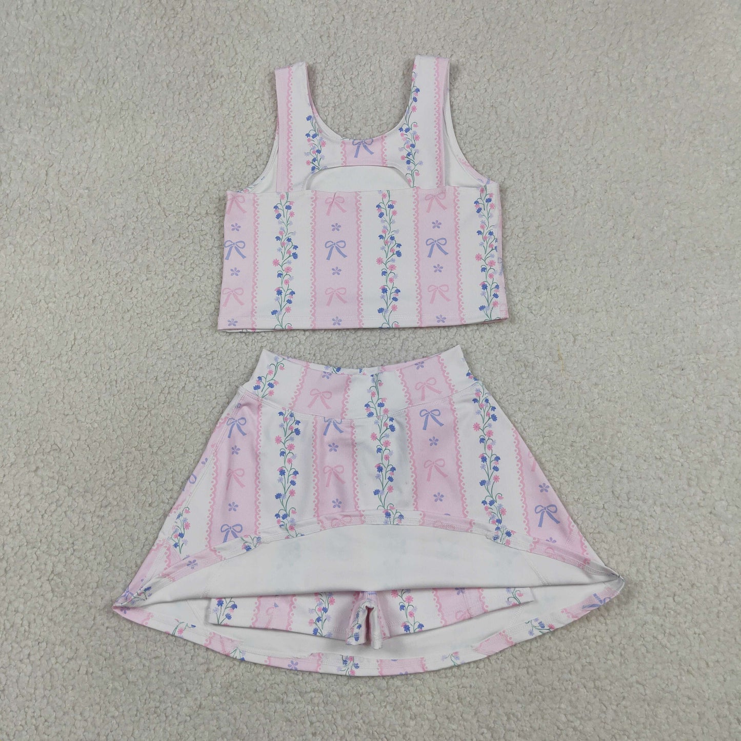 Baby Girls Sleeveless Bows Flowers Stripe Vest Skirt Short Yoga Active Clothes Set