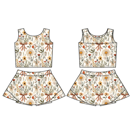 Baby Girls Sleeveless Bows Floral Top Skort Yoga Set Preorder