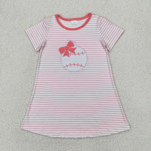 Embroidery Baby Girls Pink Stripe Bows Baseball Knee Length Dresses