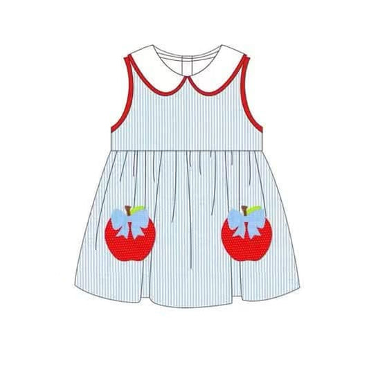 Baby Girls Sleeveless Blue Stripe Bows Apples Knee Length Dresses Preorder