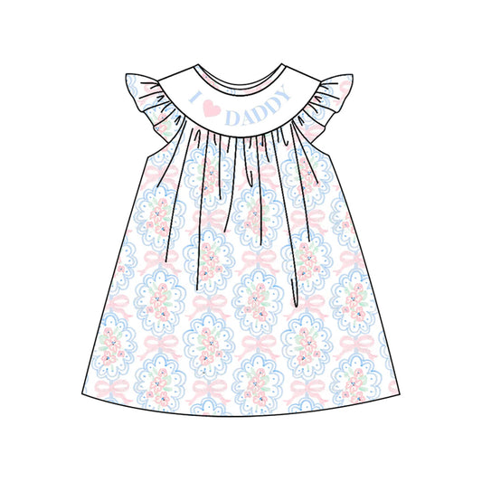 Preorder moq 5 Baby Girls Flutter Sleeves Pink Bows Floral I LOVE DADDY Knee Length Dress