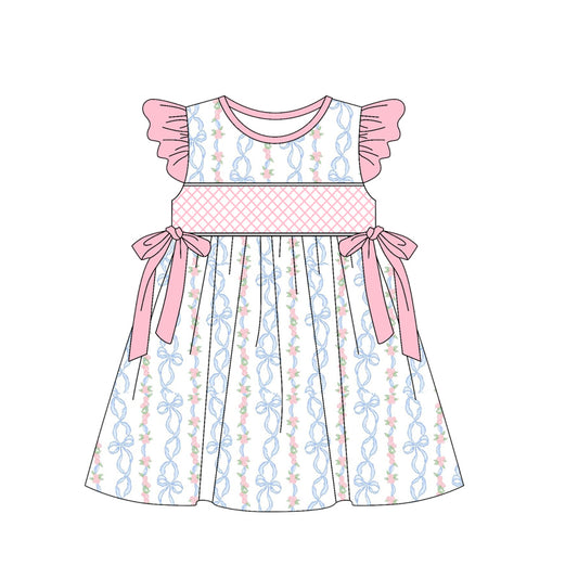 Baby Girls Pink Flutter Sleeves Bows Floral Stripe Knee Length Dresses Preorder