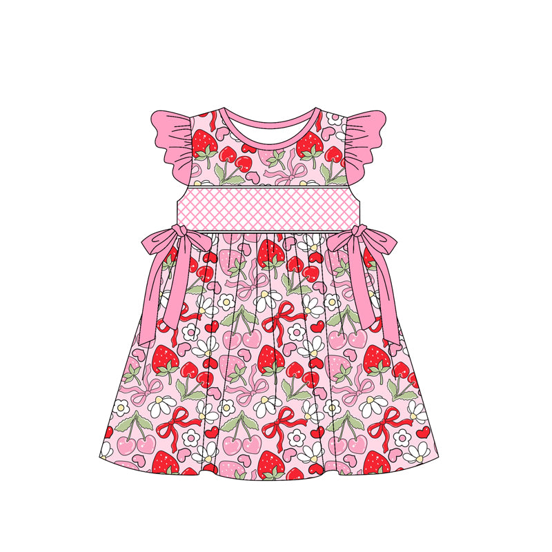 Baby Girls Pink Flutter Sleeves Bows Strawberry Floral Knee Length Dresses Preorder