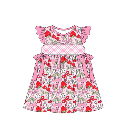 Baby Girls Pink Flutter Sleeves Bows Strawberry Floral Knee Length Dresses Preorder