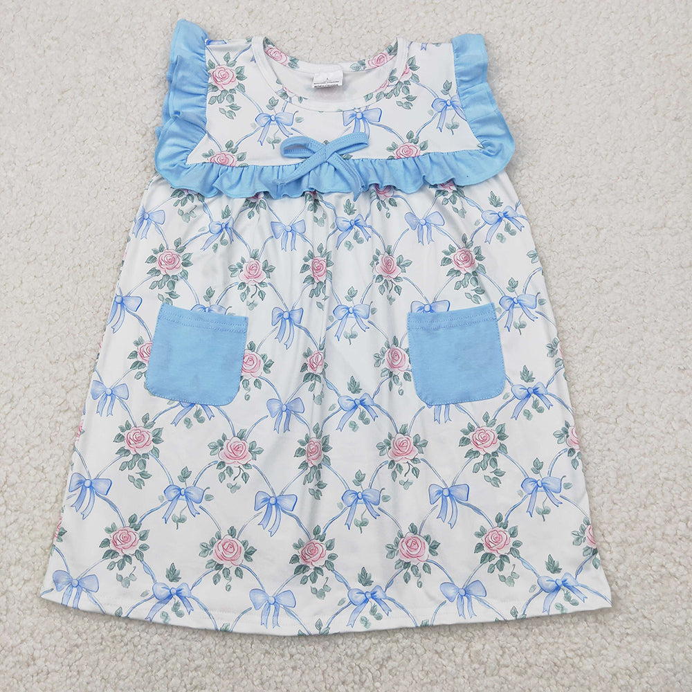 Baby Girls Sleeveless Blue Bows Floral Pockets Top Knee Length Dresses