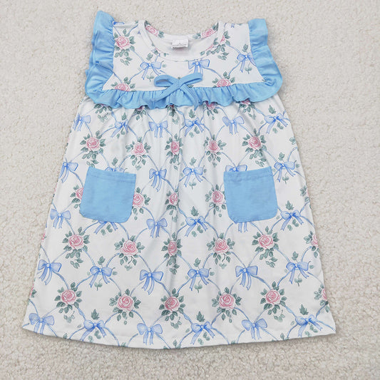 Baby Girls Sleeveless Blue Bows Floral Pockets Top Knee Length Dresses