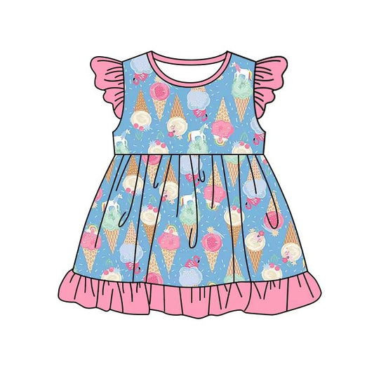 Baby Girls Pink Flutter Sleeves Ice Cream Knee Length Dresses Preorder