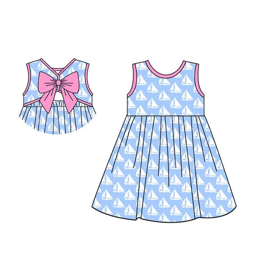 Baby Girls Blue Sleeveless Boats Backless Bow Knee Length Dresses Preorder