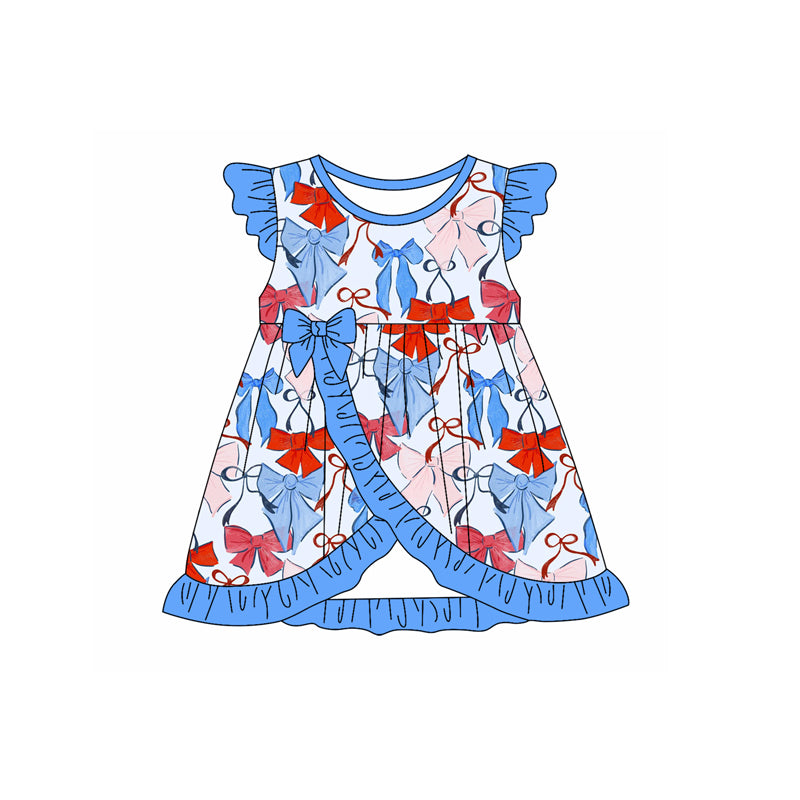 Baby Girls Blue Flutter Sleeves Blue Red Bows 4th Of July Knee Length Dresses Preorder