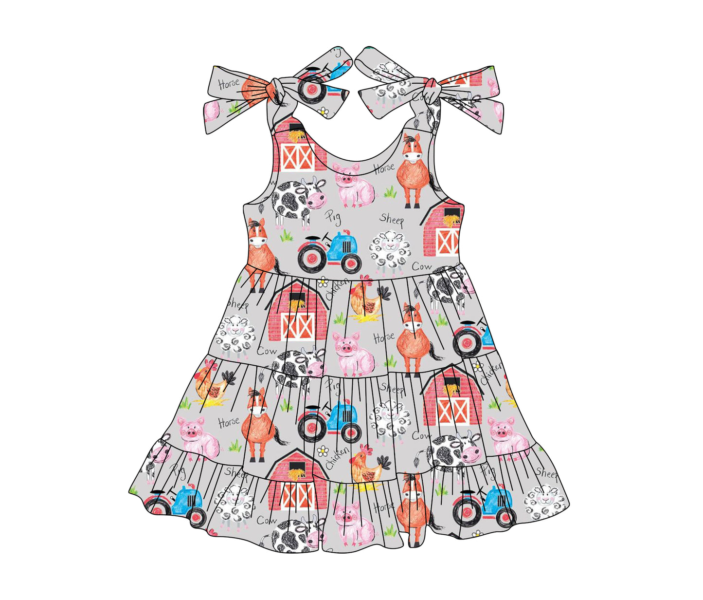 Baby Girls Gray Strap Trucks Houses Cows Farm Knee Length Dresses Preorder