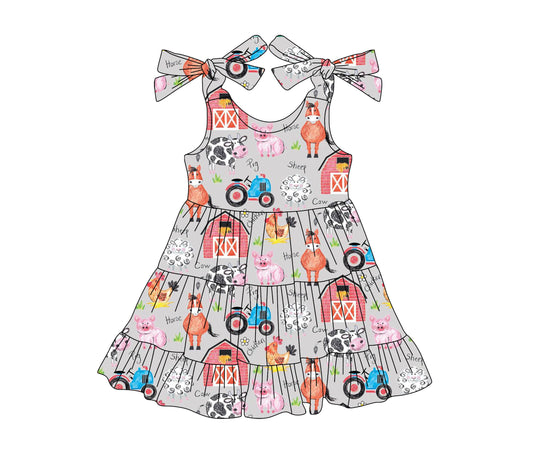 Baby Girls Gray Strap Trucks Houses Cows Farm Knee Length Dresses Preorder