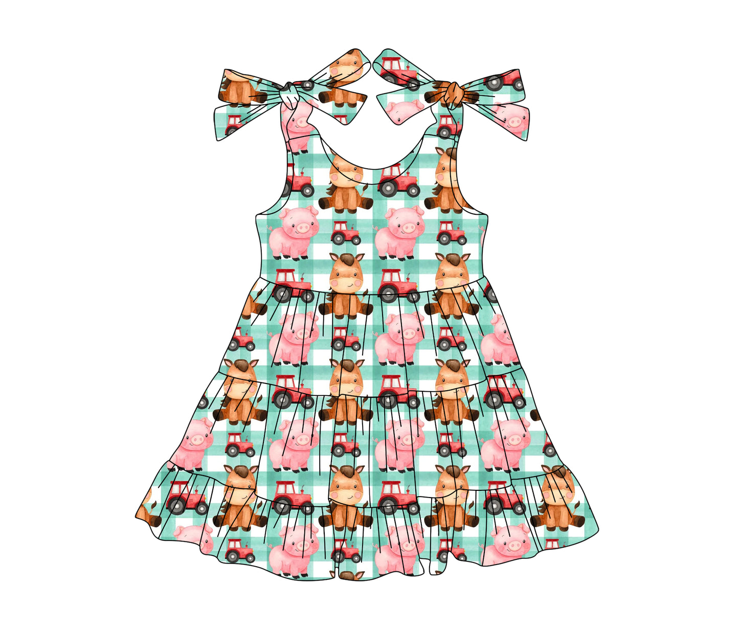 Baby Girls Green Plaid Strap Trucks Pigs Farm Knee Length Dresses Preorder