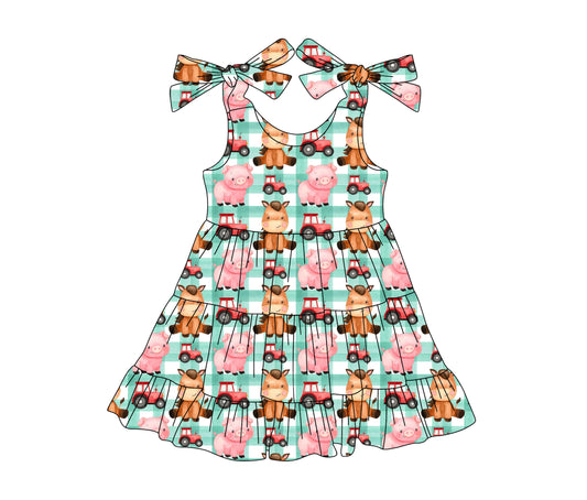 Baby Girls Green Plaid Strap Trucks Pigs Farm Knee Length Dresses Preorder