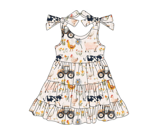 Baby Girls Pink Strap Trucks Chicks Cows Farm Knee Length Dresses Preorder