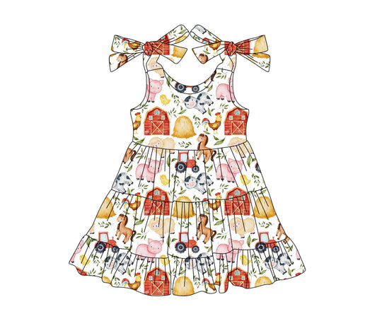 Baby Girls Red Strap Houses Pigs Cows Farm Knee Length Dresses Preorder