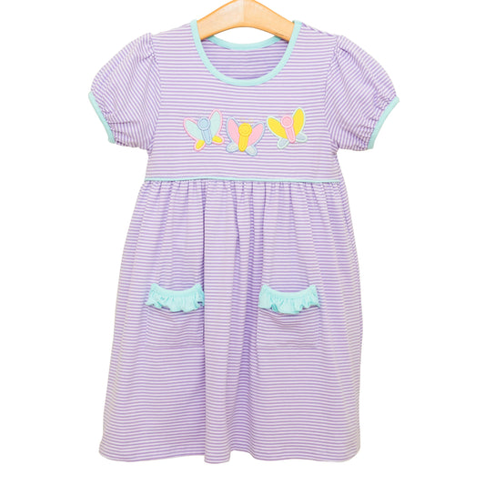 Baby Girls Lavender Short Ruffle Sleeves Stripe Butterfly Pockets Knee Length Dresses Preorder