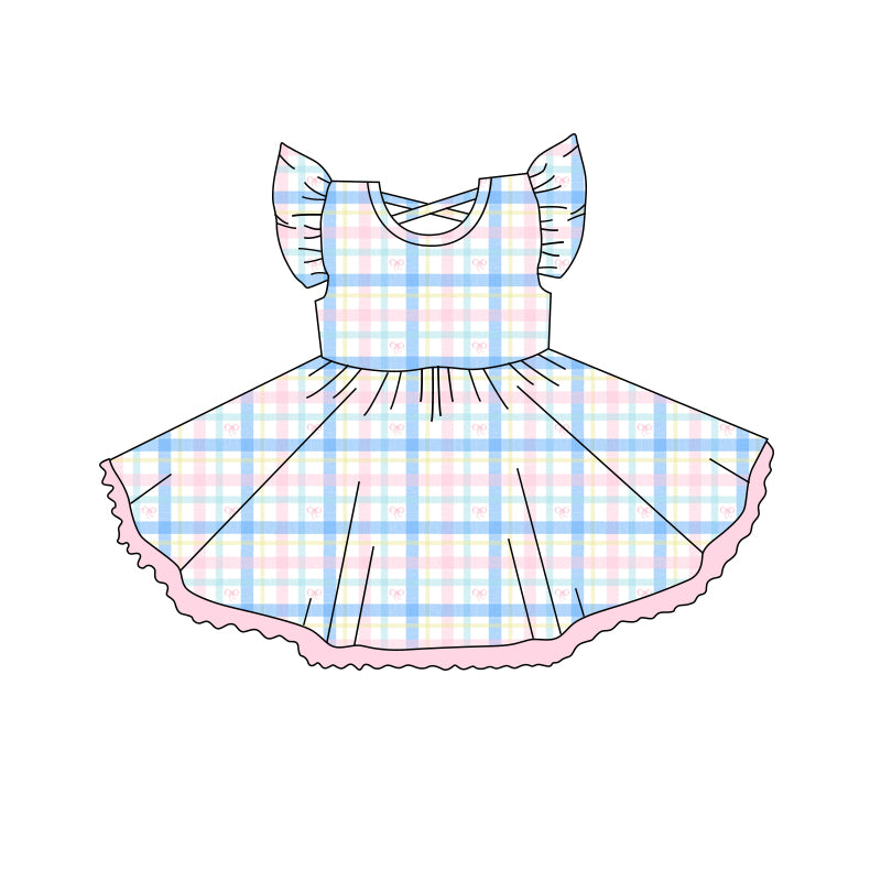 Baby Girls Flutter Sleeves Blue Pink Plaid Knee Length Dress Preorder