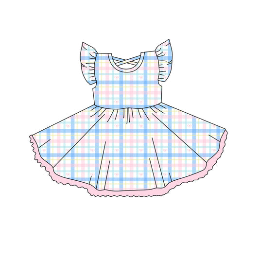 Baby Girls Flutter Sleeves Blue Pink Plaid Knee Length Dress Preorder