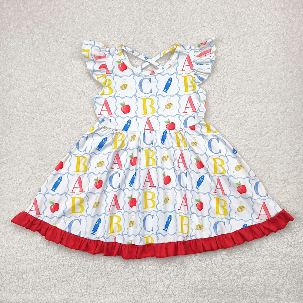 Baby Girls Flutter Sleeves Colorful Pencils Apples Knee Length Dresses