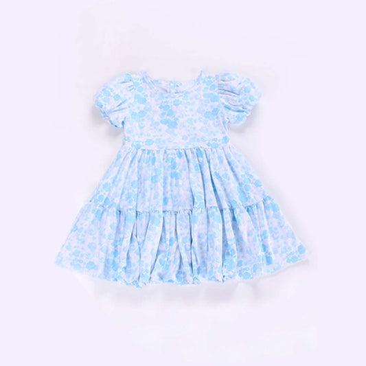 Baby Girls Blue Short Ruffle Sleeves Floral Patchwork Knee Length Dress Preorder