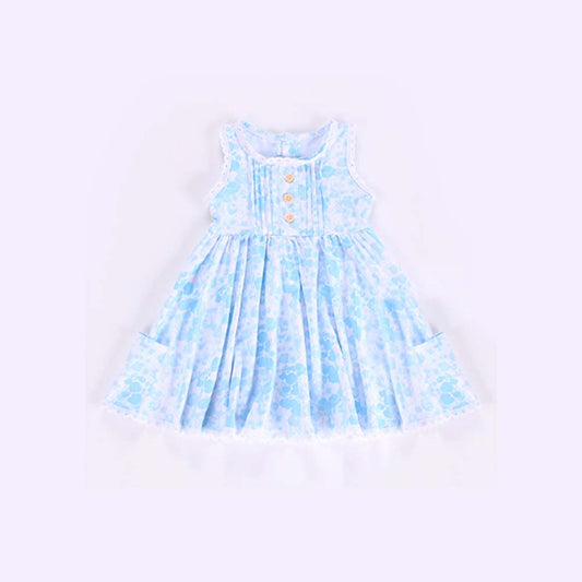Baby Girls Blue Sleeveless Button Top Floral Pockets Knee Length Dress Preorder