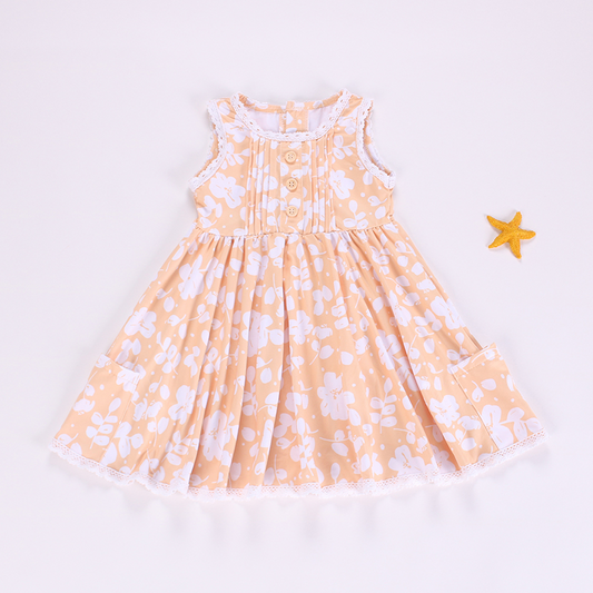 Baby Girls Peach Sleeveless Button Top Floral Pockets Knee Length Dress Preorder