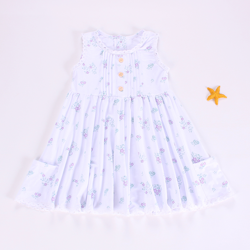Baby Girls Lavender Sleeveless Button Top Stars Floral Pockets Knee Length Dress Preorder