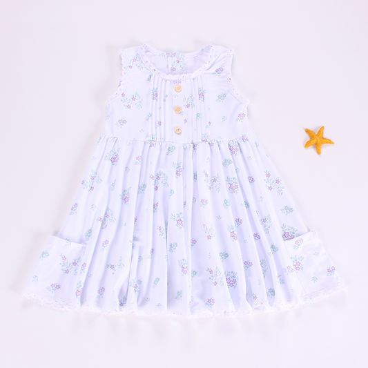 Baby Girls Lavender Sleeveless Button Top Stars Floral Pockets Knee Length Dress Preorder