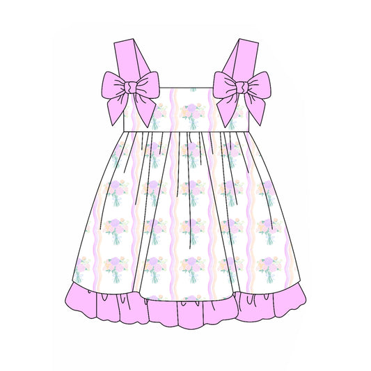 Preorder moq 5 Baby Girls Hot Pink Bows Strap Floral Stripe Knee Length Dress