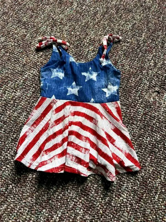 Baby Girls Bows Strap Blue Stars Red Stripe 4th Of July Dress Preorder