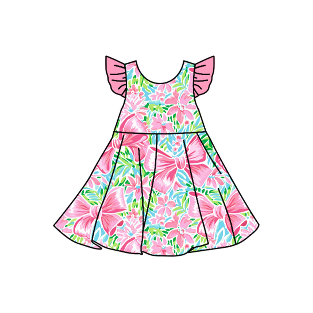 Baby Girls Pink Flutter Sleeves Watercolor Floral Bows Knee Length Dresses Preorder