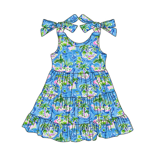 Preorder moq 5 Baby Girls Blue Bows Strap Beach Ruffle Knee Length Dresses