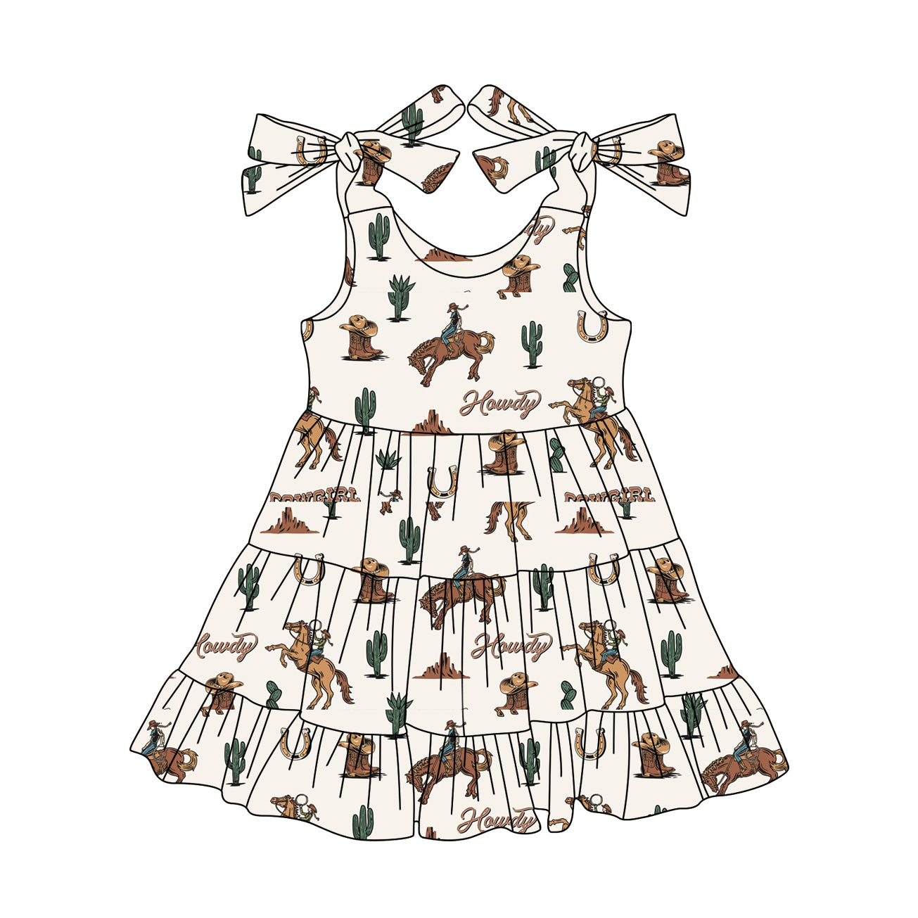 Preorder moq 5 Baby Girls Bows Strap Horse Rodeos Cactus Knee Length Dresses