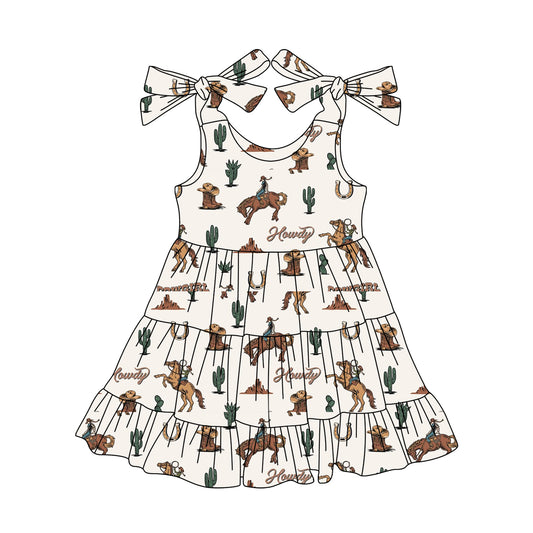 Preorder moq 5 Baby Girls Bows Strap Horse Rodeos Cactus Knee Length Dresses