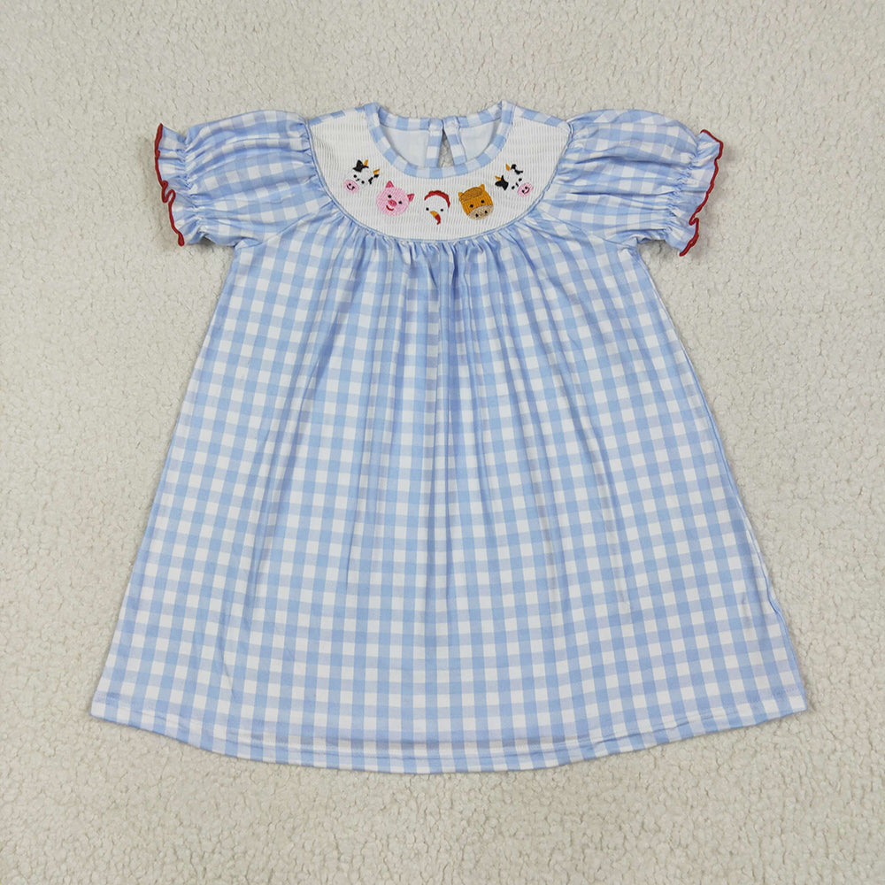 Baby Girls Blue Plaid Short Sleeves Cows Pigs Farm Smocked Knee Length Dresses