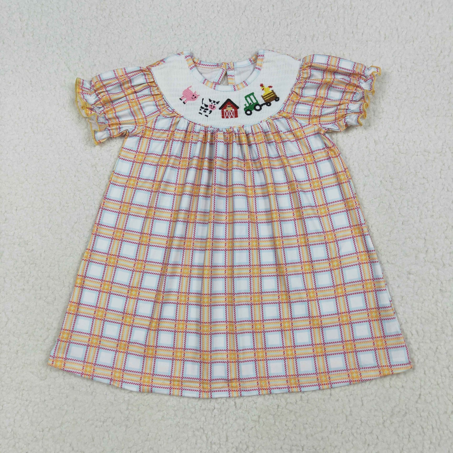 Baby Girls Fall Plaid Cows Farm Smocked Knee Length Dresses