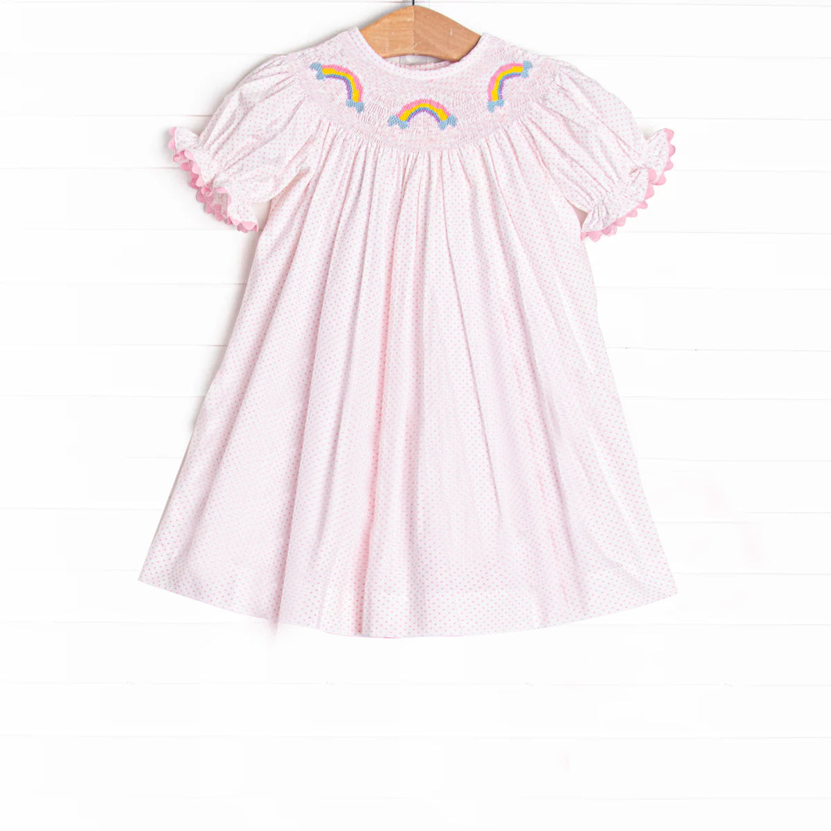 Baby Girls Pink Polka Dots Short Ruffle Sleeves Rainbows Smocked Knee Length Dresses Preorder