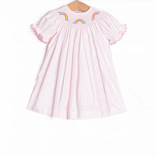 Baby Girls Pink Polka Dots Short Ruffle Sleeves Rainbows Smocked Knee Length Dresses Preorder