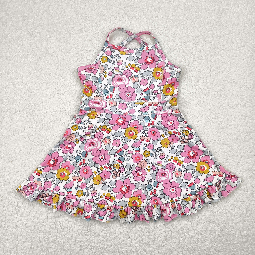 Baby Girls Pink Strap Floral Yoga Ruffle Knee Length Dresses