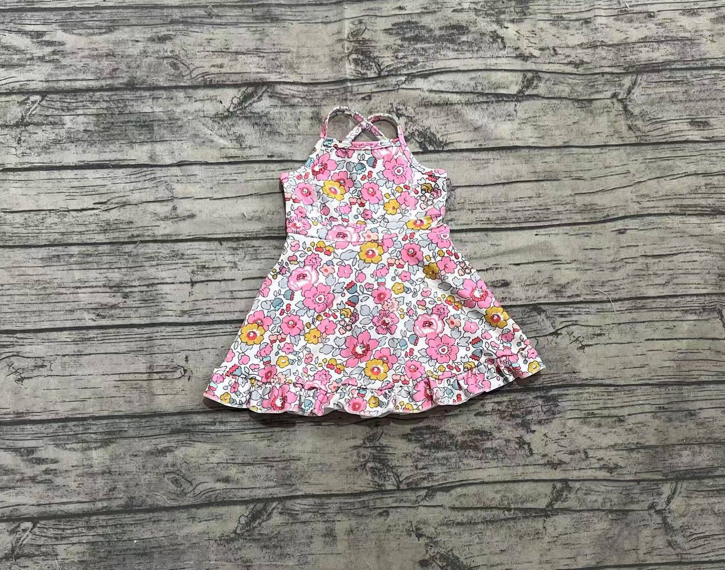 Baby Girls Pink Strap Floral Yoga Ruffle Knee Length Dresses