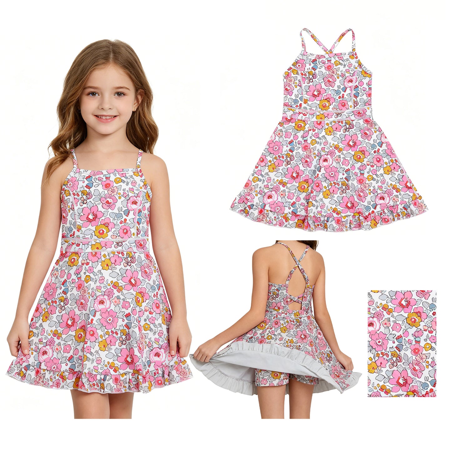Baby Girls Pink Strap Colorful Floral Yoga Active Ruffle Knee Length Dresses
