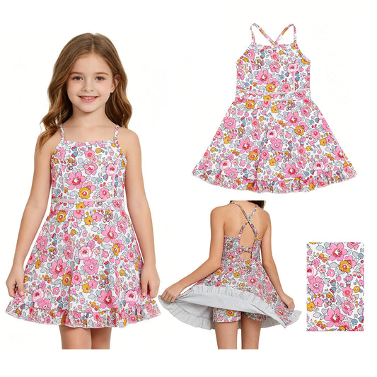 Baby Girls Pink Strap Colorful Floral Yoga Active Ruffle Knee Length Dresses